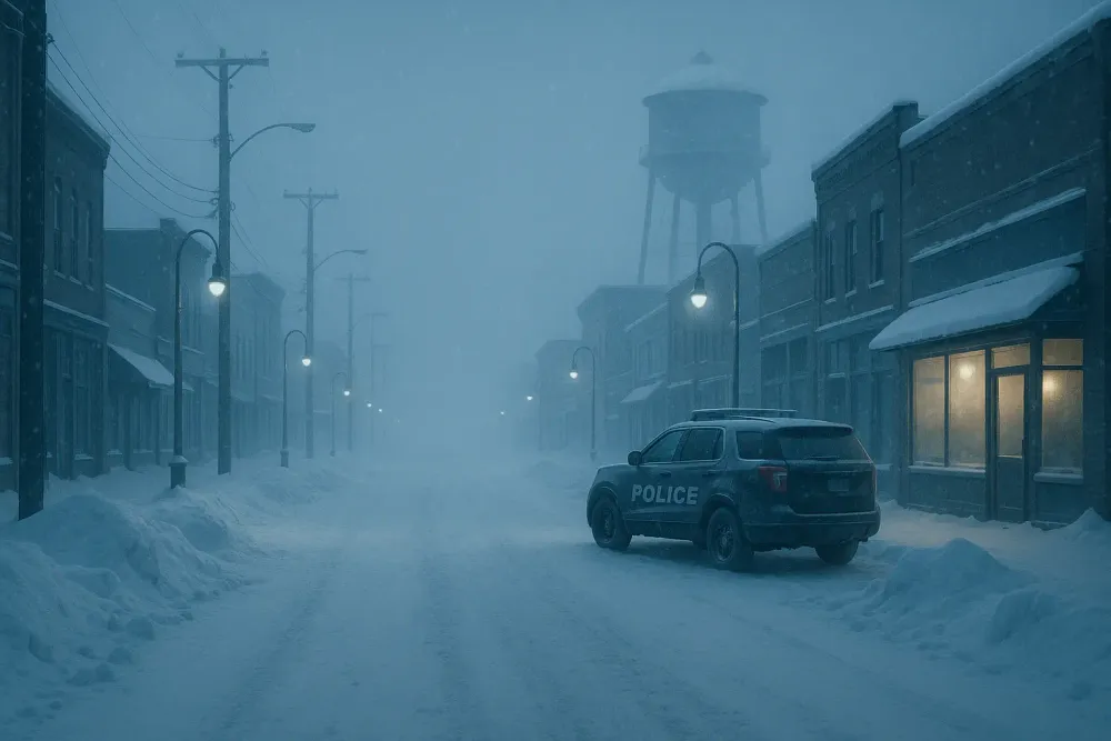 Book cover of 61 Hours by Lee Child showing a snowy road and distant headlights
