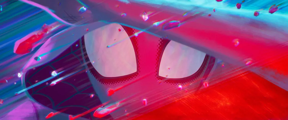 Extreme close-up of Miles Morales' mask eyes in Spider-Man: Across the Spider-Verse