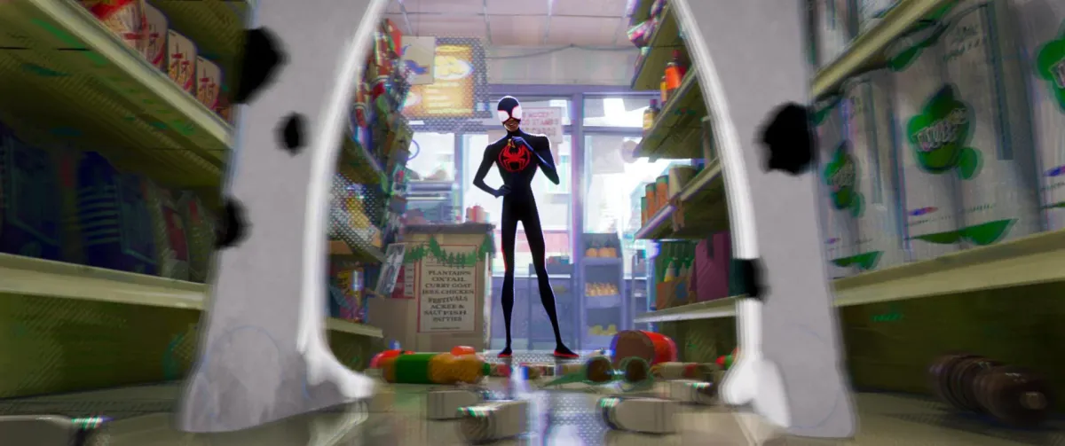 Miles Morales in silhouette inside a Brooklyn bodega in Spider-Man: Across the Spider-Verse