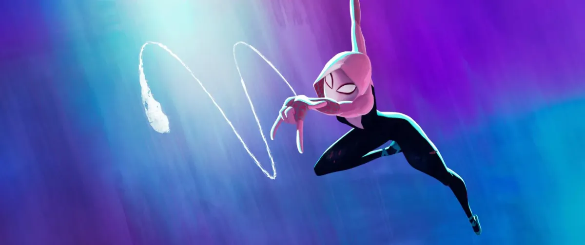 Spider-Gwen swinging through a purple and blue lit dimension in Spider-Man: Across the Spider-Verse