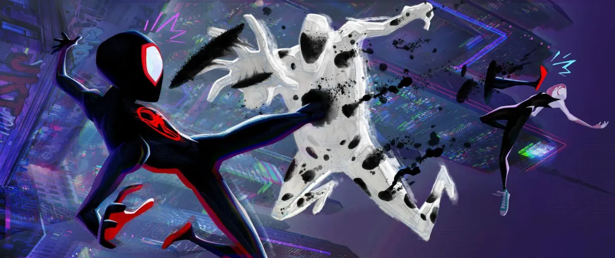 Miles Morales and Spider-Gwen facing off against The Spot in Spider-Man: Across the Spider-Verse