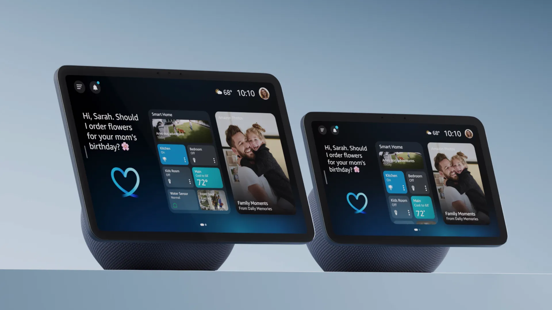Amazon Echo Show 5, 8, and 11 on a kitchen counter and living room shelf showing family photos
