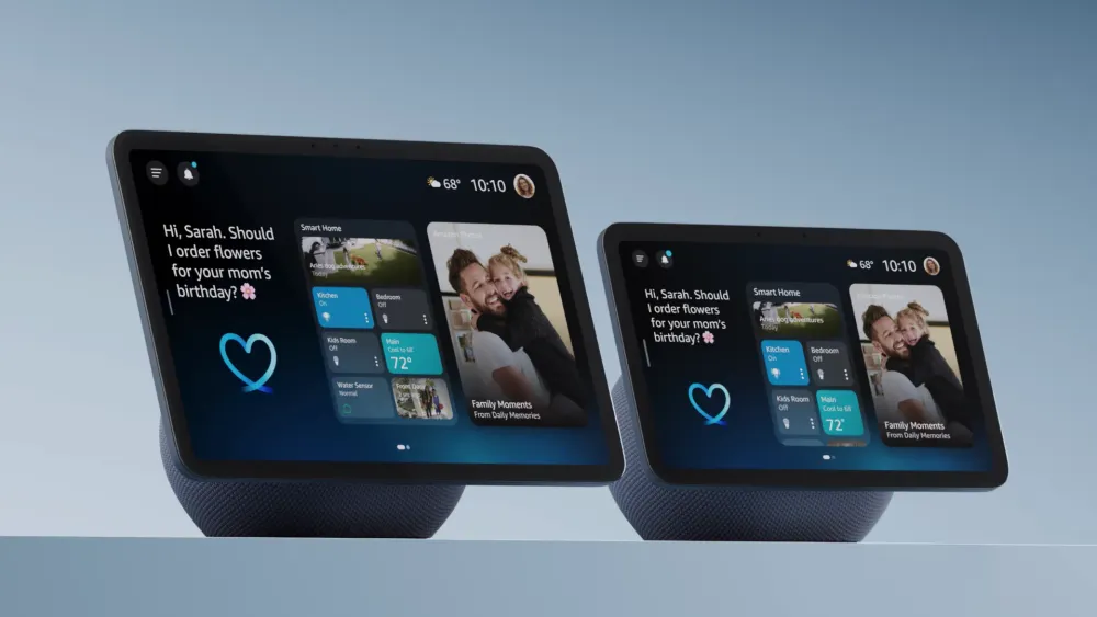 Amazon Echo Show 5, 8, and 11 on a kitchen counter and living room shelf showing family photos
