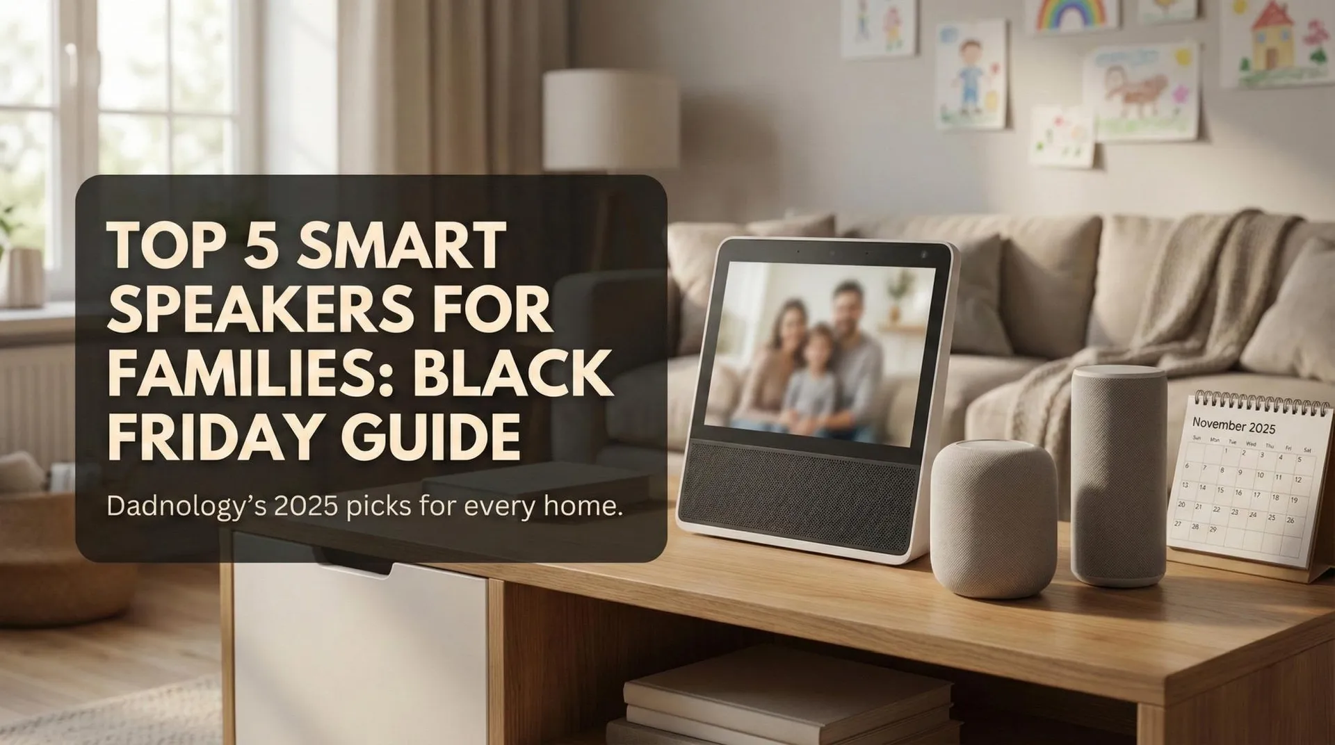 Amazon Echo Show 5, 8, and 11 on a kitchen counter and living room shelf showing family photos