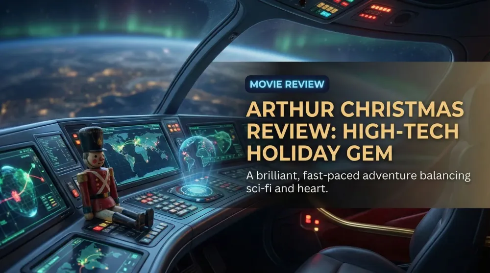 Arthur Christmas holding a wrapped gift with a worried expression, surrounded by high-tech elves