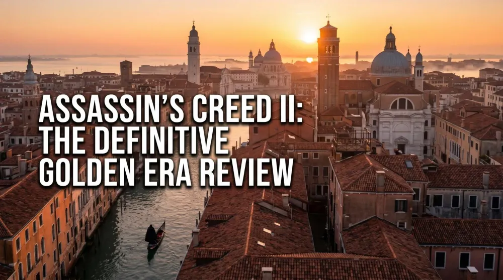 Ezio Auditore in his white assassin robe leaping across Renaissance Florence rooftops