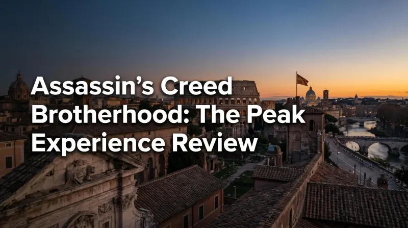 Ezio Auditore standing on a Roman rooftop overlooking the Colosseum at dusk