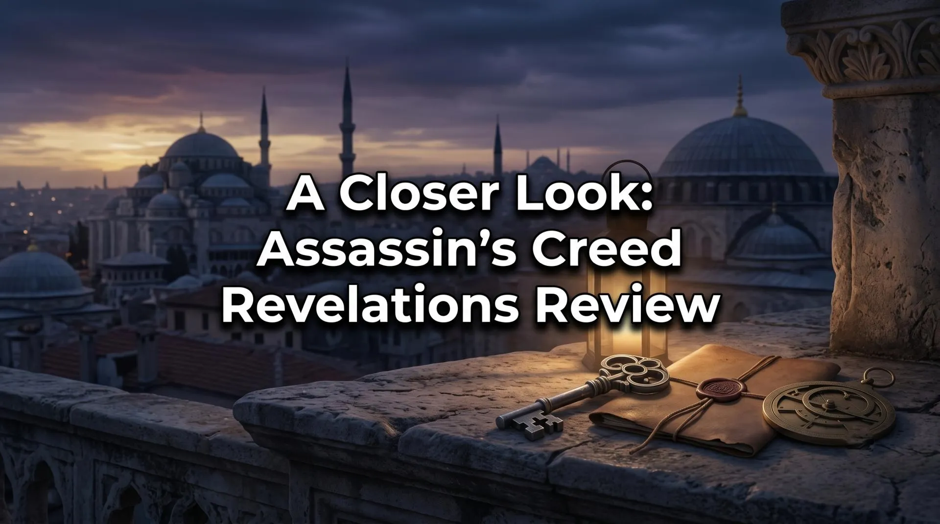 An older, grey-bearded Ezio Auditore overlooking the rooftops of Constantinople at dusk