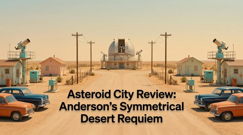 Jason Schwartzman in Wes Anderson's Asteroid City, standing in the symmetrical desert landscape