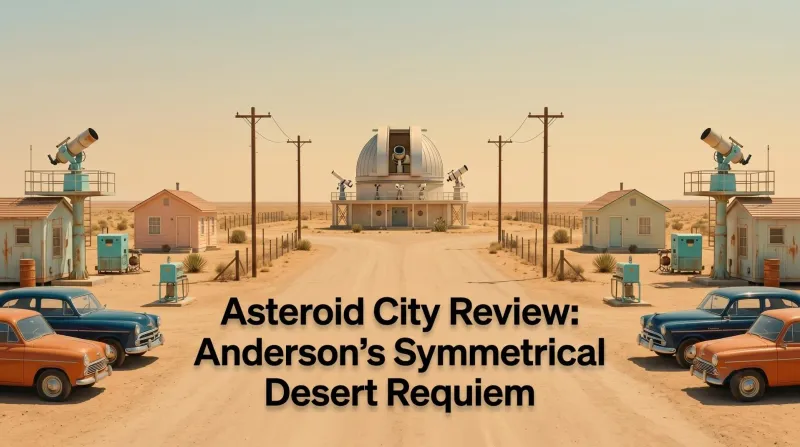 Jason Schwartzman in Wes Anderson's Asteroid City, standing in the symmetrical desert landscape