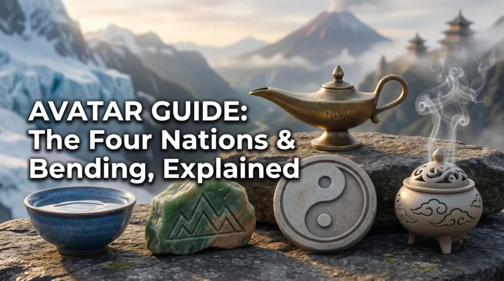 The symbols of the Water, Earth, Fire, and Air nations arranged around the Avatar symbol