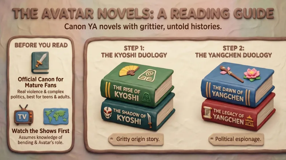 The Rise of Kyoshi and Dawn of Yangchen novels stacked on a desk