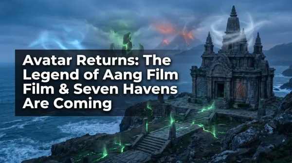 The Avatar Studios logo over art of an adult Aang, teasing the franchise's return