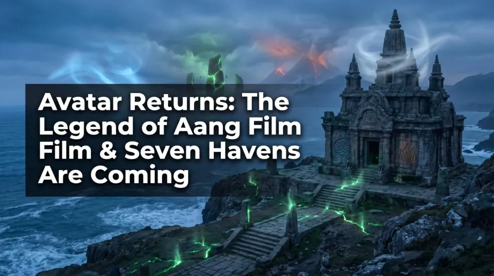The Avatar Studios logo over art of an adult Aang, teasing the franchise's return