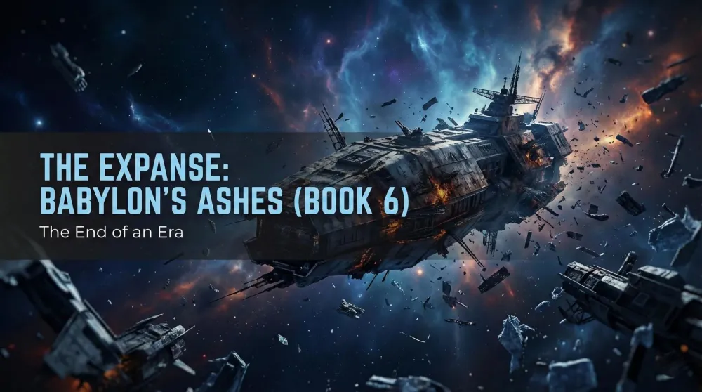 Babylon's Ashes book cover featuring a war-torn fleet in space