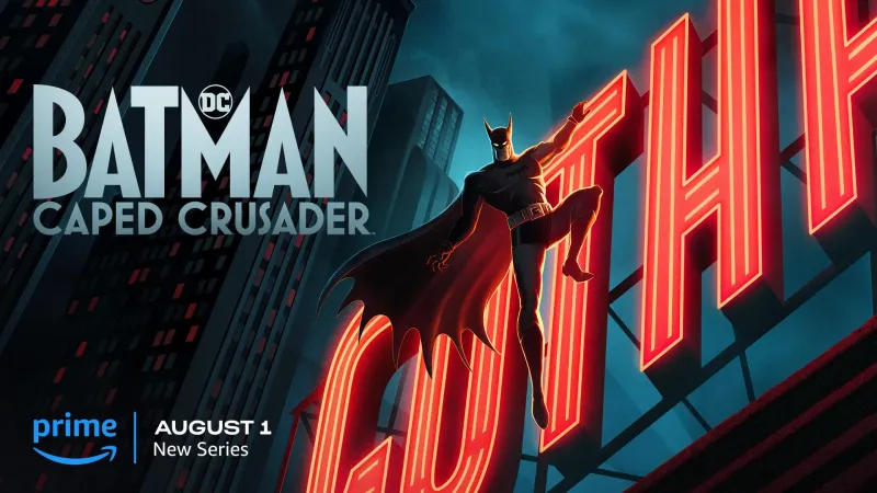 Batman standing amid rooftop fires in the official key art for Batman: Caped Crusader