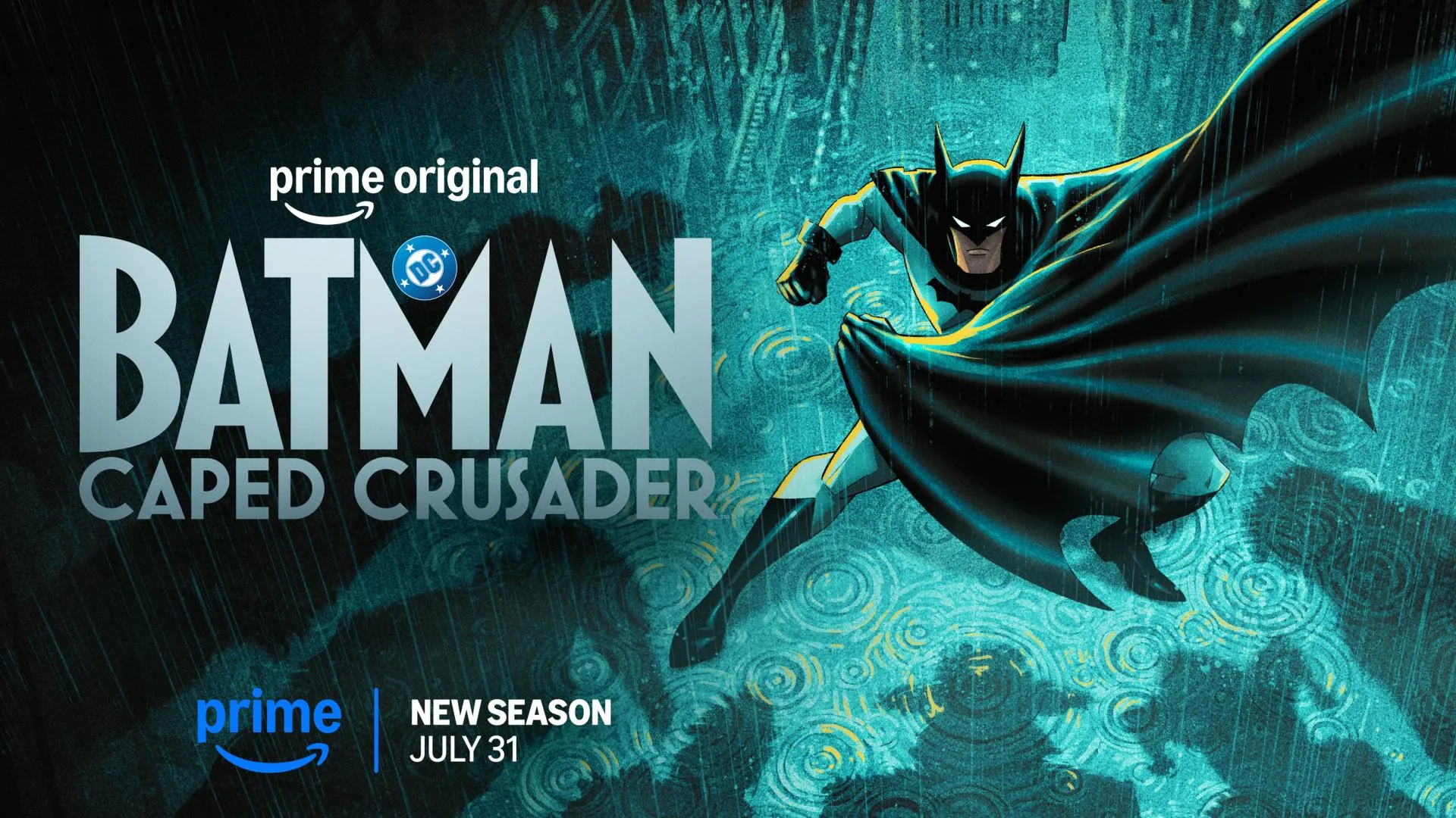 Batman standing in the rain-soaked noir Gotham of Batman: Caped Crusader Season 2