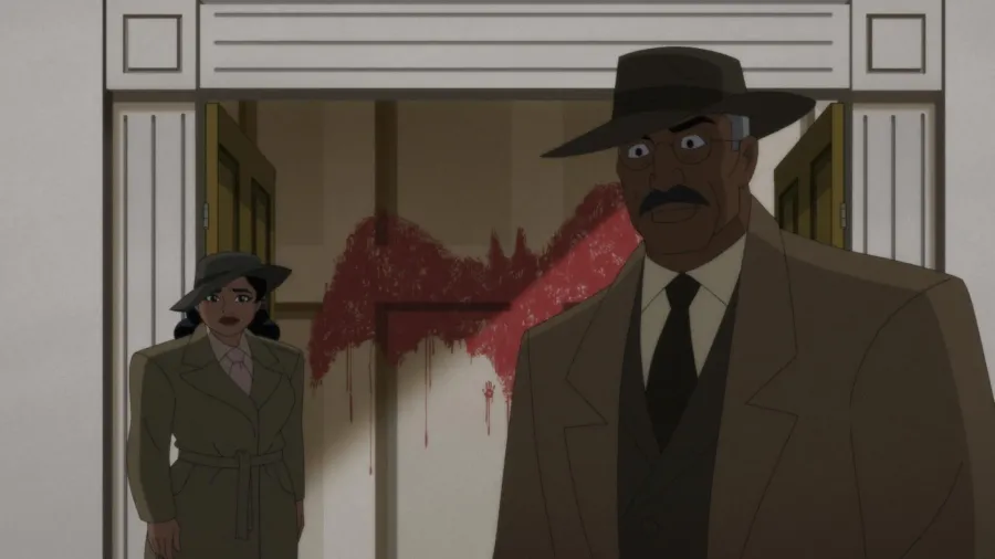 A tense confrontation scene in the noir Gotham of Batman: Caped Crusader Season 2