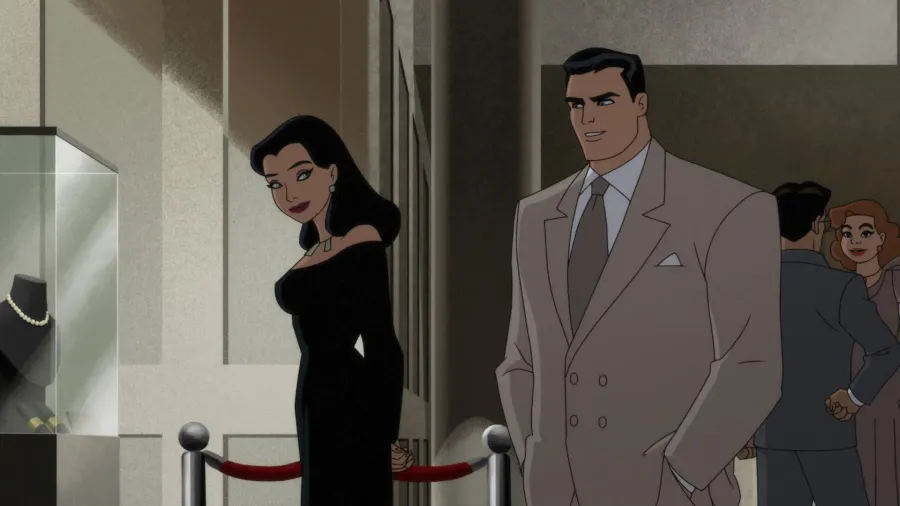 Selina Kyle and Bruce Wayne exchanging a knowing glance at a museum gala in Batman: Caped Crusader