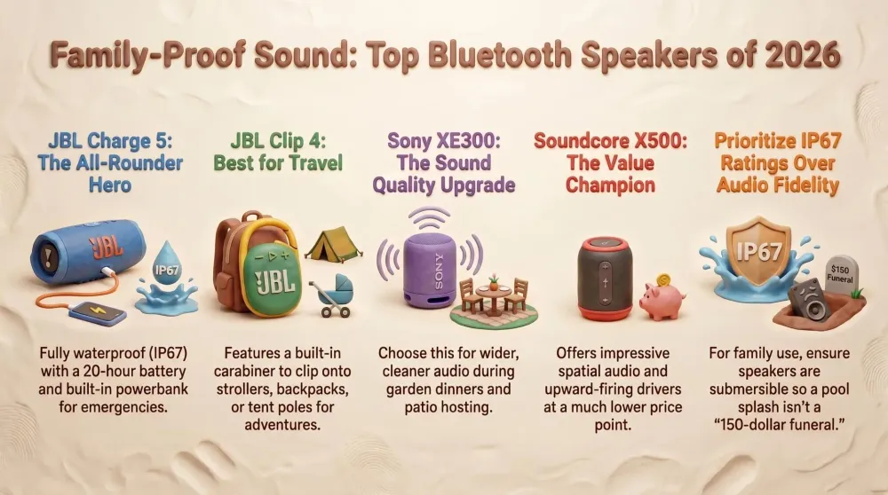 Five portable Bluetooth speakers arranged on a picnic blanket by a pool with kids playing in the background