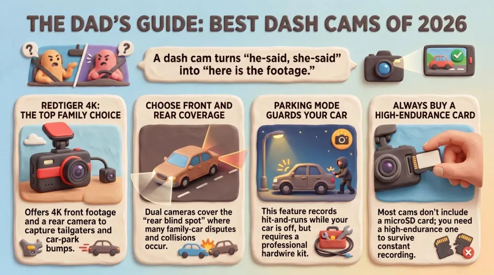 A row of dash cams mounted on a windshield above a family car dashboard with a child seat visible in the back