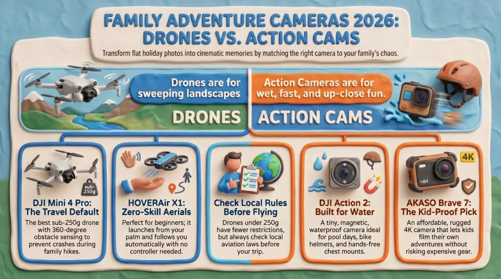 A folding camera drone and two action cameras laid out on a picnic blanket with a family hiking in the background