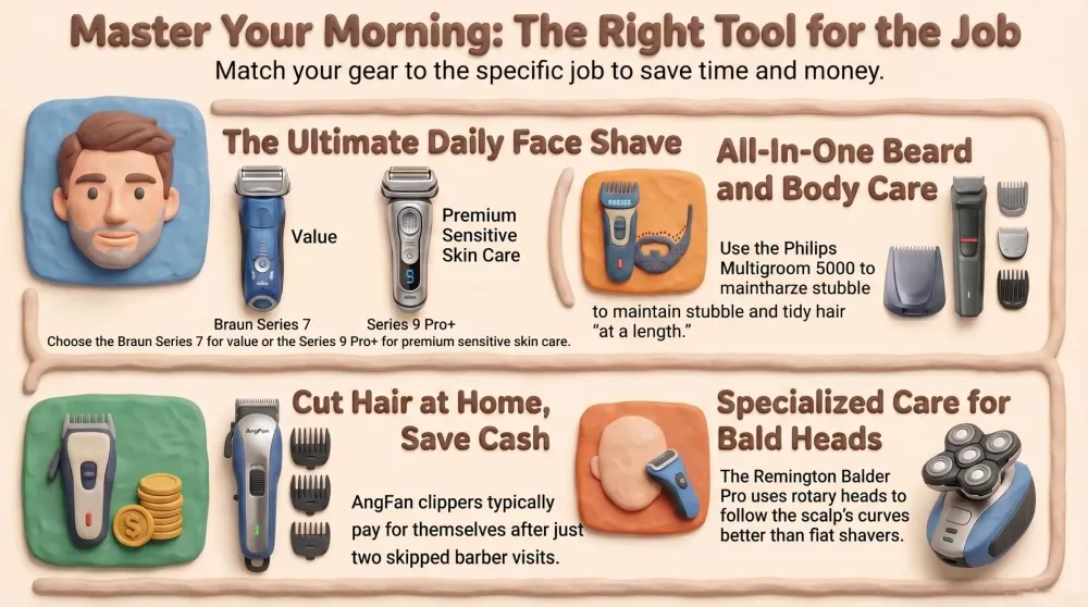 A lineup of electric shavers, a beard trimmer, and hair clippers laid out on a bathroom counter