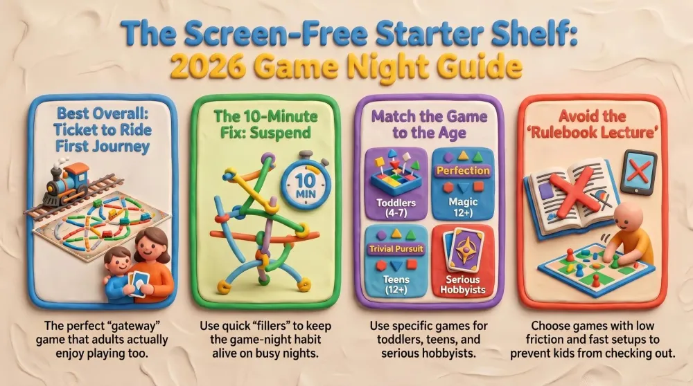 A family game-night spread on a kitchen table — a route-building board game, a trivia box, a balancing dexterity game, a beat-the-timer shape game, and a stack of cards under a warm lamp