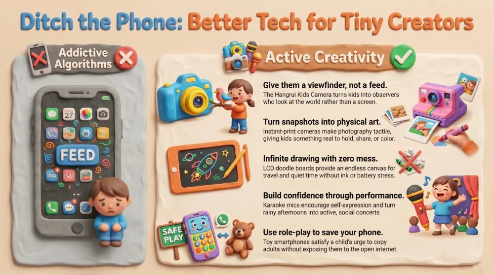 A spread of creative kid tech — a chunky first camera, an instant-print camera, a dinosaur doodle board, a kids karaoke mic and a toy smartphone — on a living-room floor