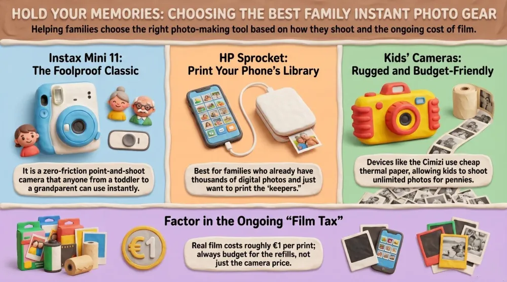An Instax instant camera, a phone photo printer, and two kids' instant cameras laid out on a table with a stack of printed photos