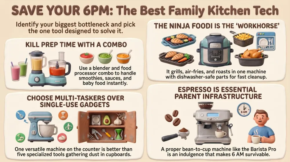 A kitchen counter with an indoor grill, air-fry oven, blender, and espresso machine surrounded by family dinner ingredients