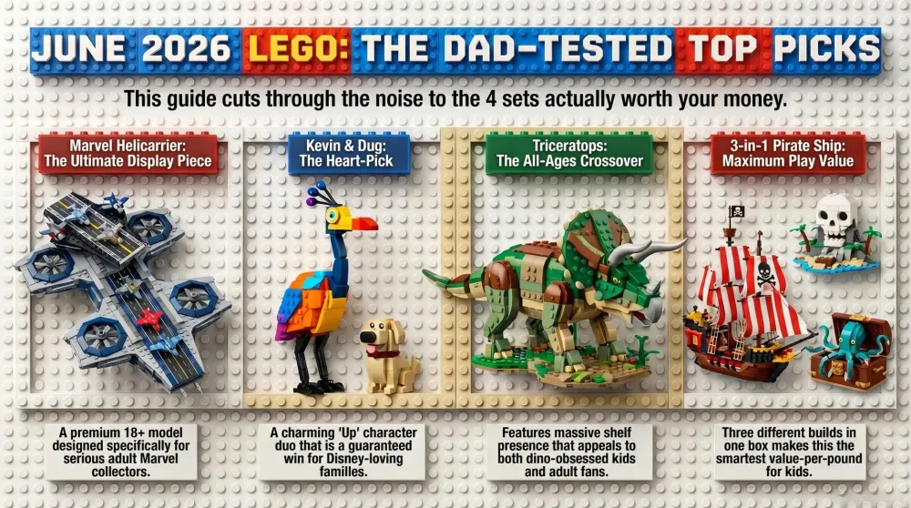 A spread of new June 2026 LEGO sets including the Marvel Helicarrier, Creator pirate ship, Minecraft Ender Dragon and Harry Potter sets arranged on a shelf