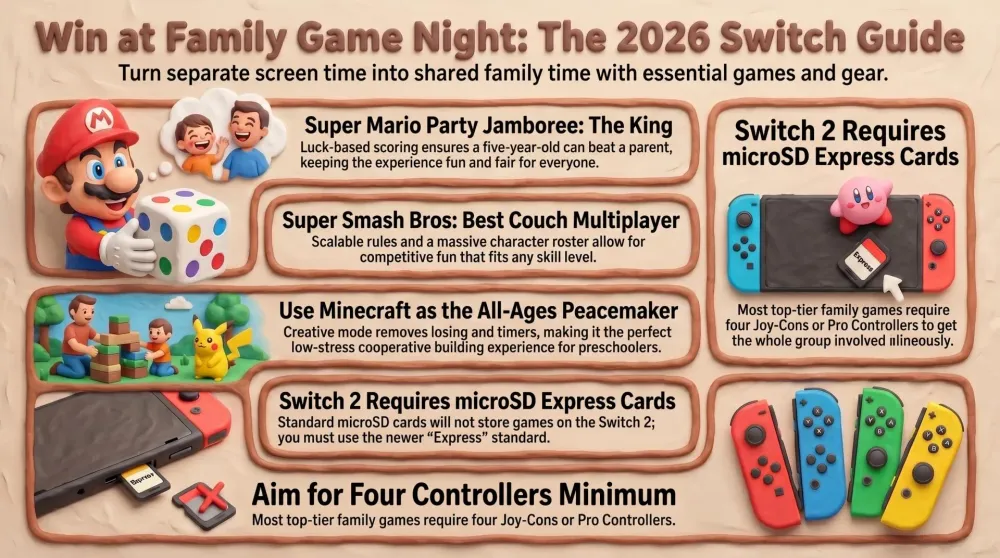A family of four playing Nintendo Switch together on a couch in front of a TV during game night
