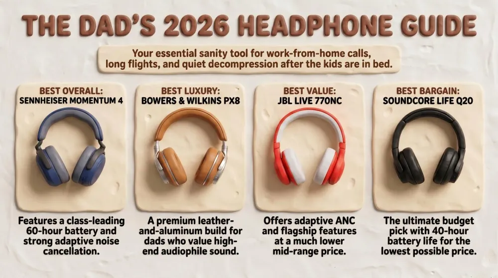 Five pairs of over-ear noise-cancelling headphones lined up on a home-office desk next to a laptop