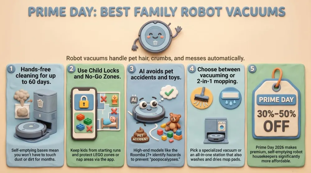 Five robot vacuum cleaners on a family home's floor with kids and pets in the background