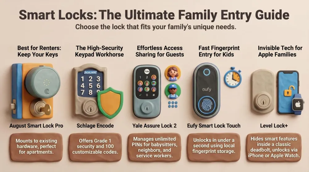 Smart lock on a front door as a family arrives home with bags and backpacks