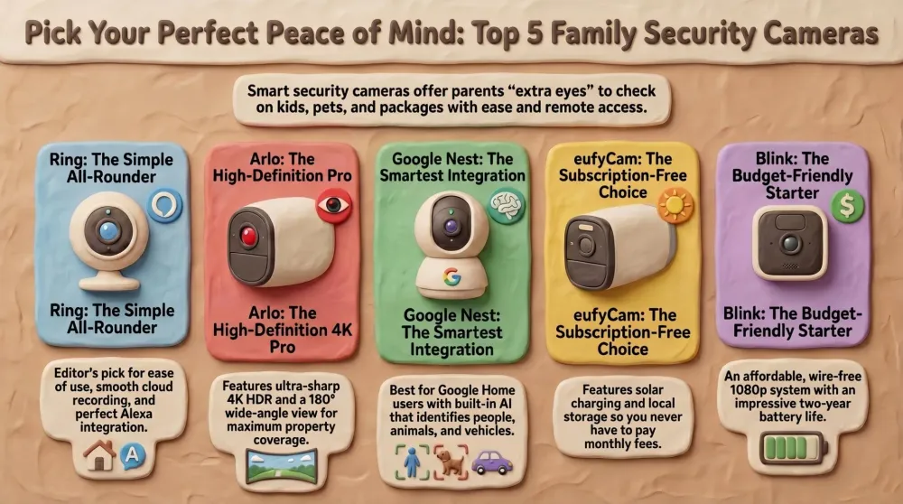 Modern smart security cameras watching over a family home at dusk