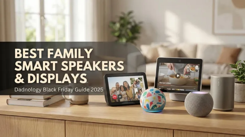 Family in a living room using a smart display and smart speakers together