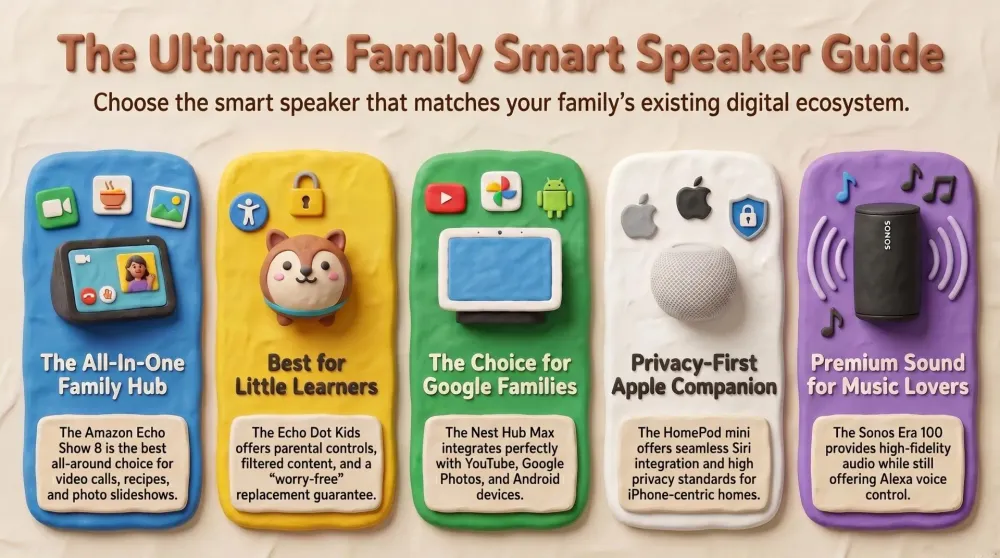 Family in a living room using a smart display and smart speakers together