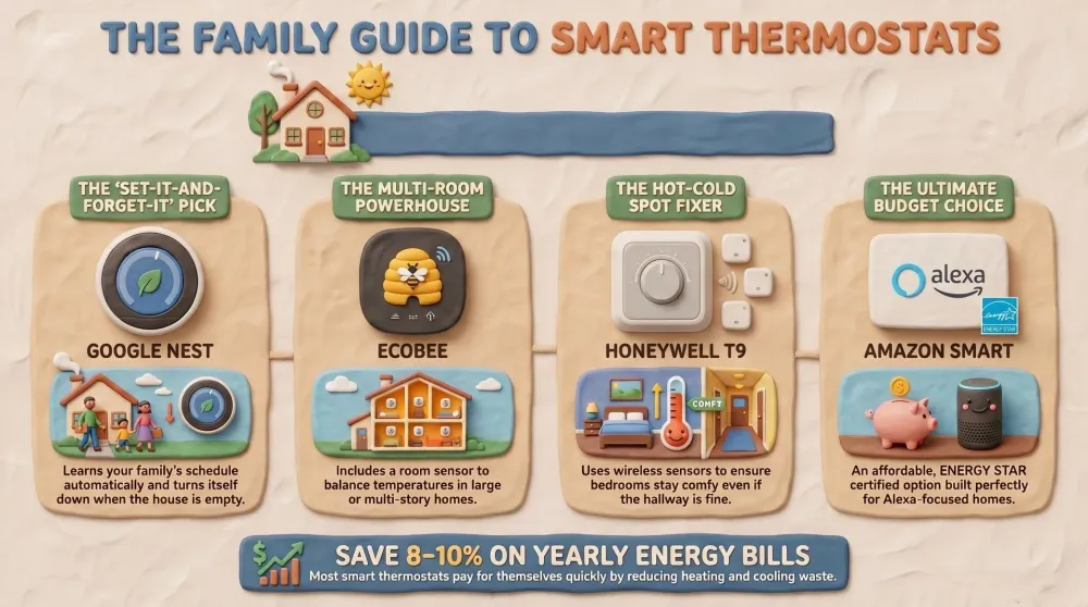 Smart thermostat on a living-room wall with a happy family relaxing on a couch