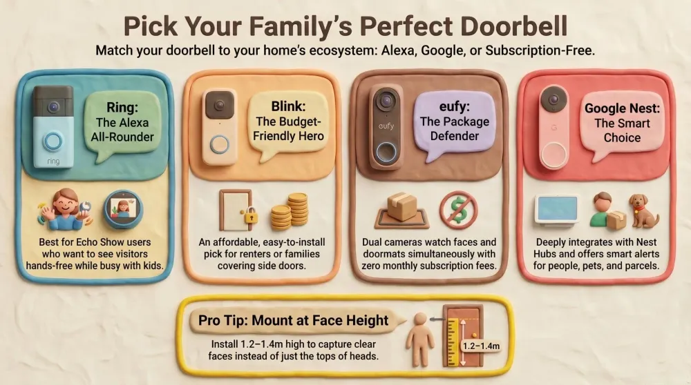 Family-friendly smart video doorbells installed at different front doors with kids and delivery packages