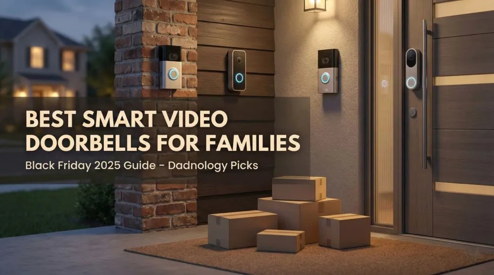 Family-friendly smart video doorbells installed at different front doors with kids and delivery packages