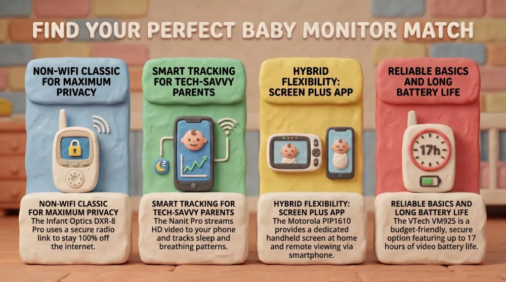 New parents watching their baby on a video baby monitor screen in a cozy nursery