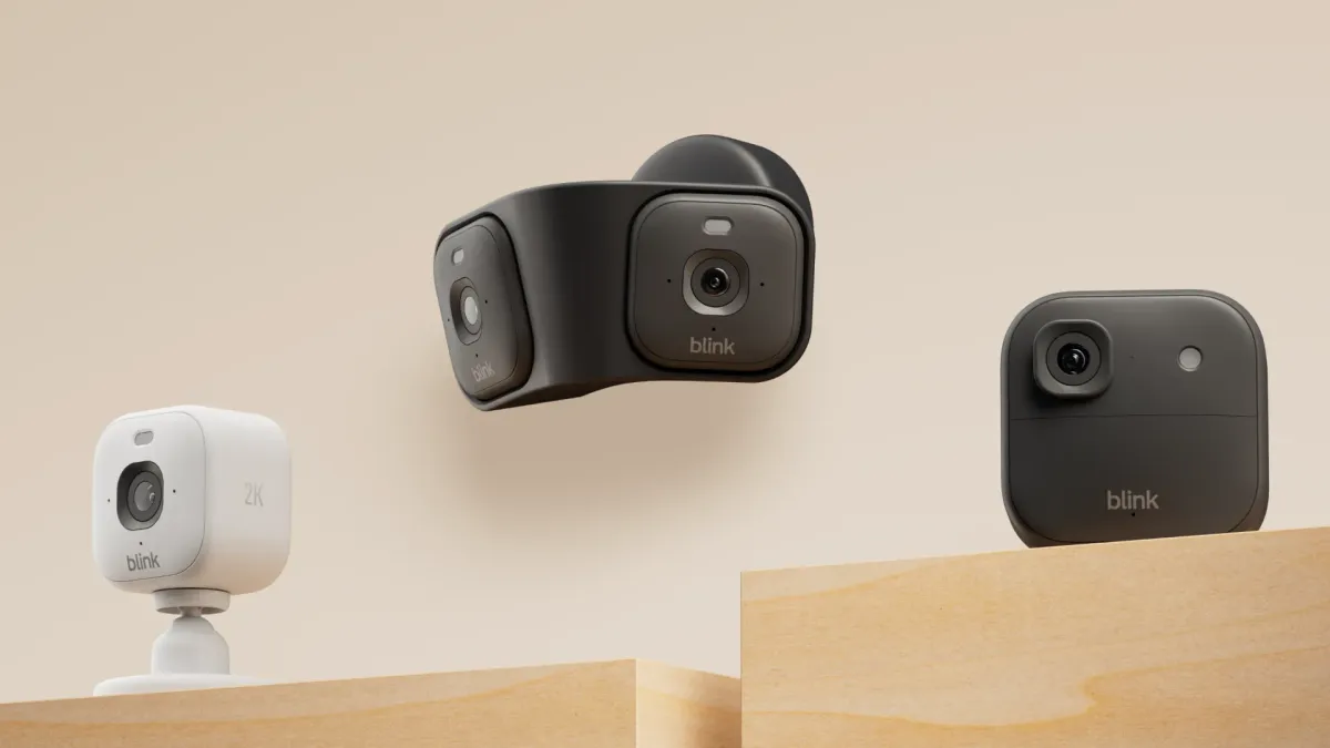 The Blink camera lineup: a white Blink Outdoor 4, a Blink Video Doorbell, and a black Blink Mini side by side