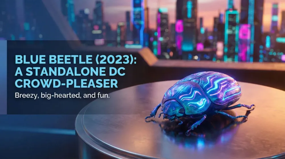 Blue Beetle in his biotechnological suit, neon lights reflecting off the armor