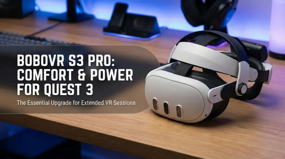 BOBOVR S3 Pro Battery Strap mounted on a Meta Quest 3 headset on a wooden table