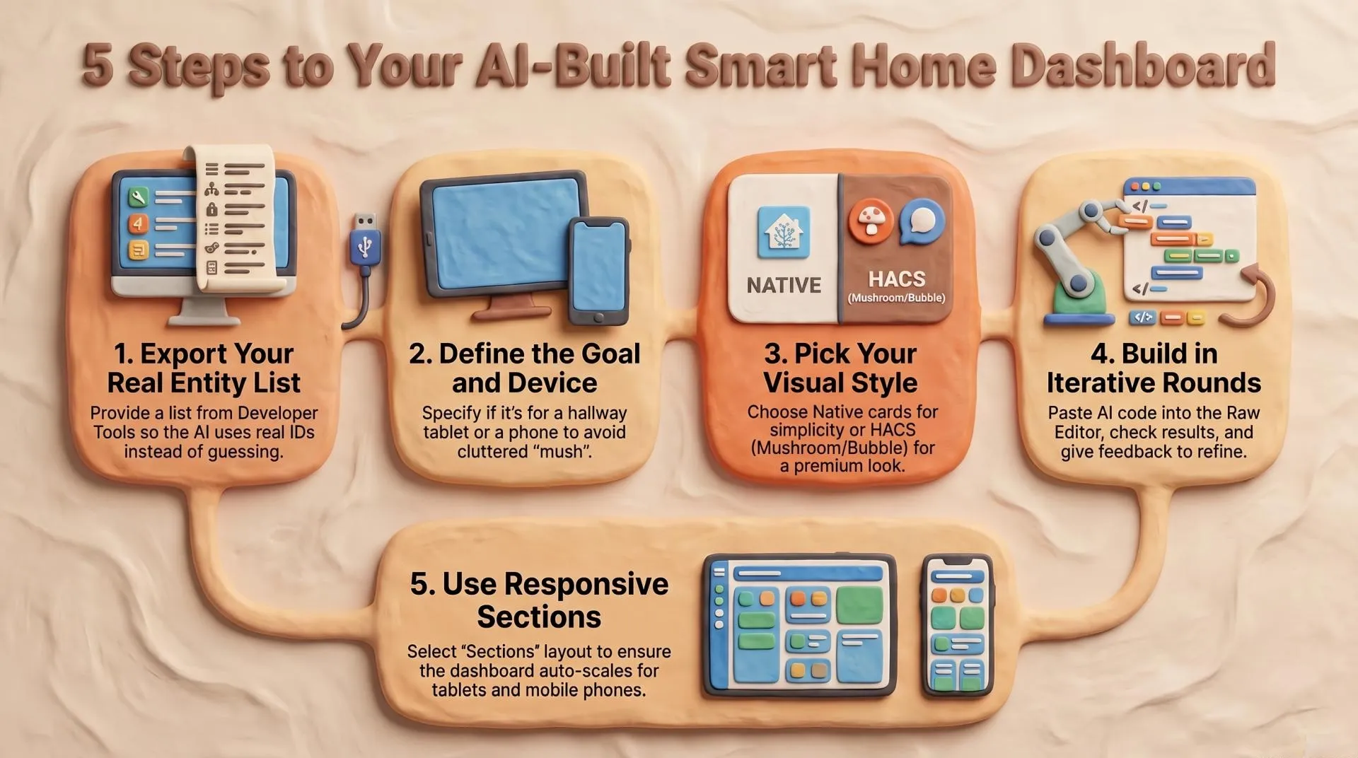 A wall tablet showing a clean Home Assistant dashboard with Mushroom cards and status chips