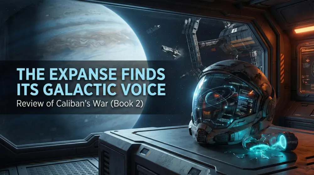 Caliban's War book cover featuring a soldier in power armor against a red planet backdrop