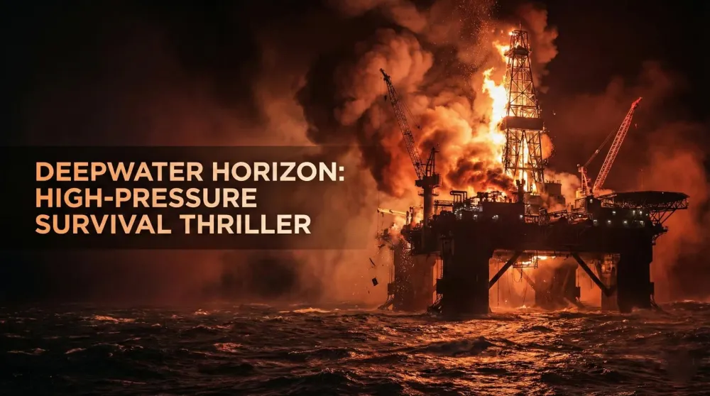 Mark Wahlberg as Mike Williams covered in oil on the burning rig