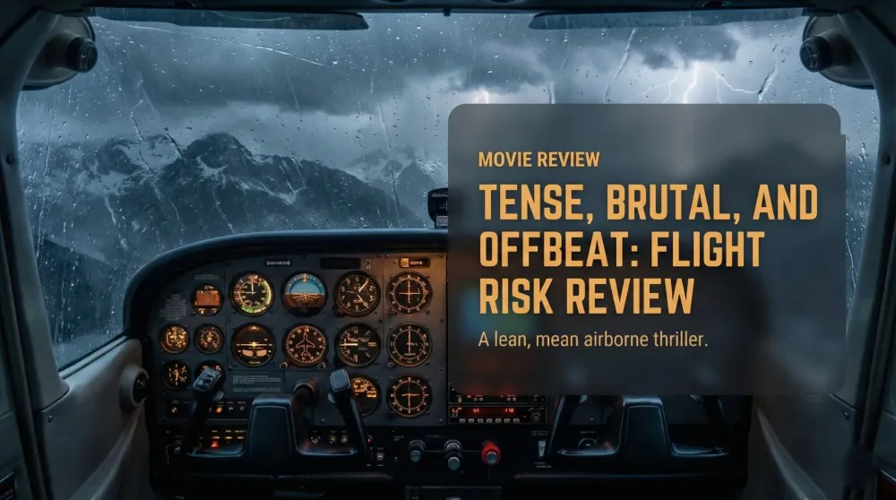 A small prop plane cutting through storm clouds above the Alaskan wilderness